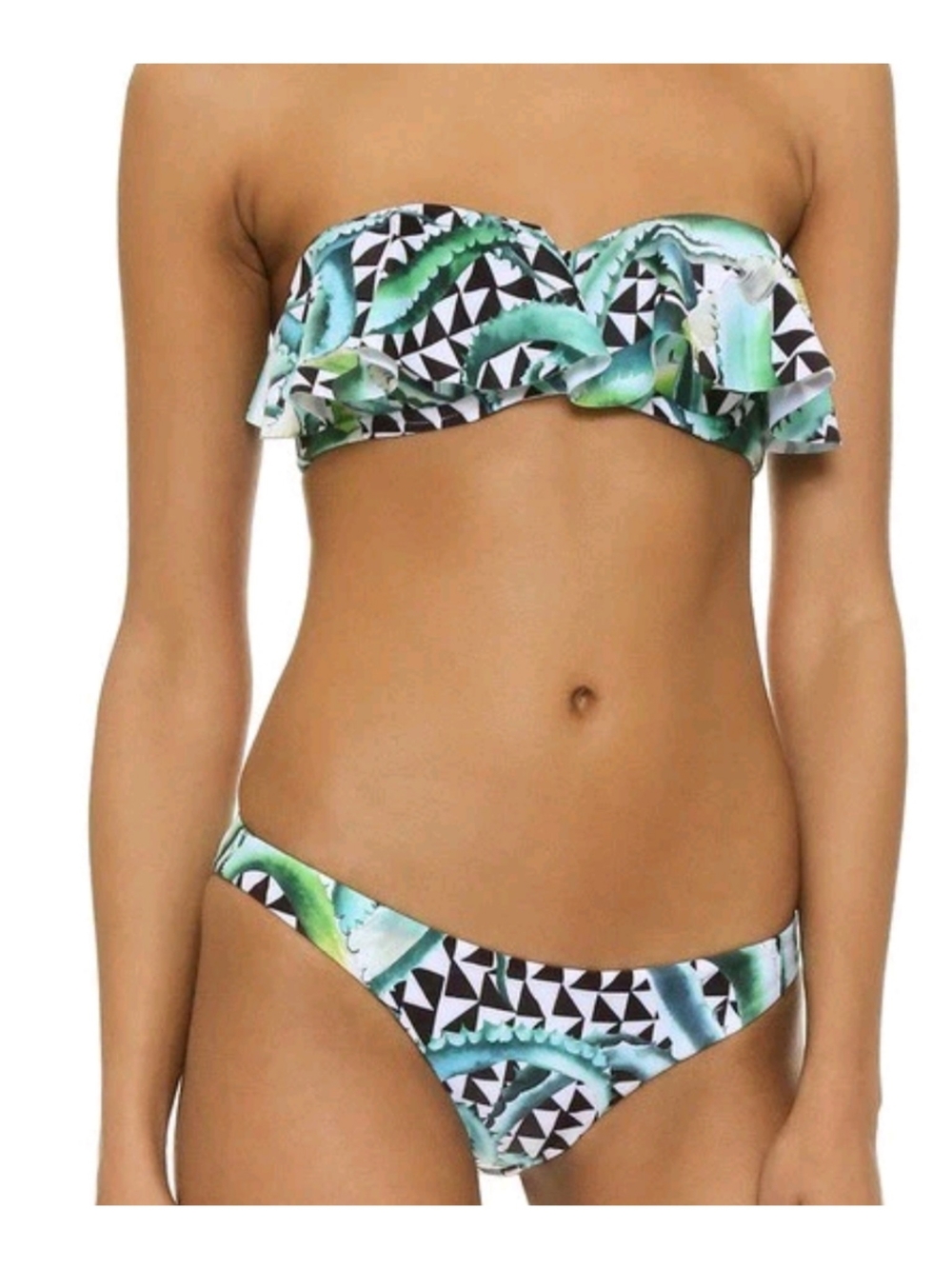 Mara Hoffman Aloe Green & Black Printed Ruffle Bandeau Bikini Set